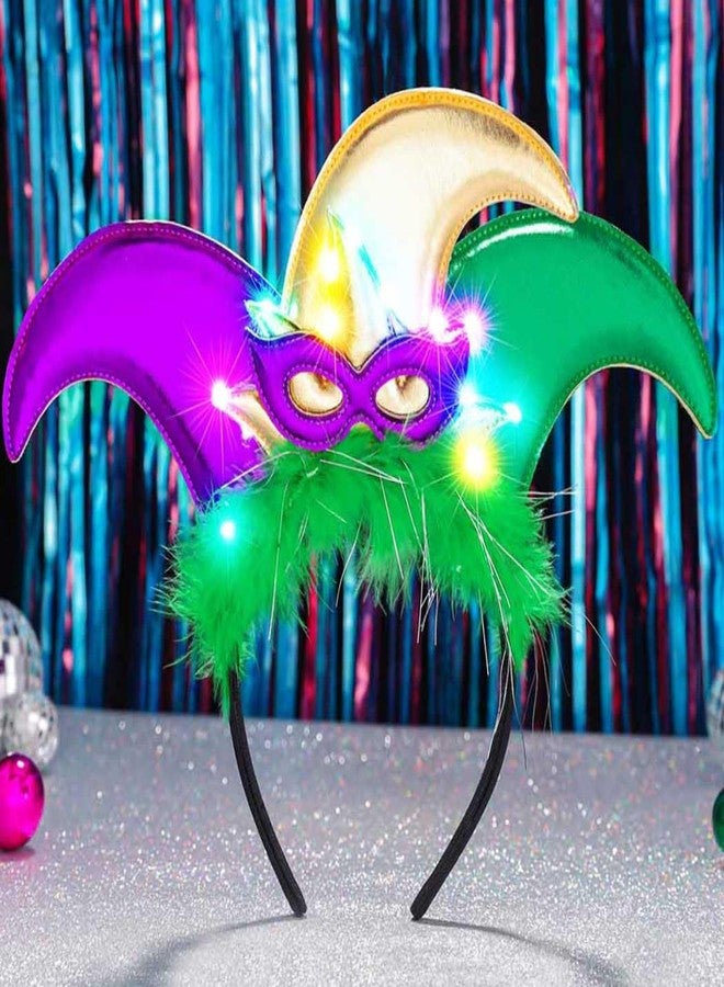 GORTIN Mardi Gras Jester Hat Headband Light Up Carnival Headpiece Purple Green and Gold Costume Hair Accessories for Women - Image 2